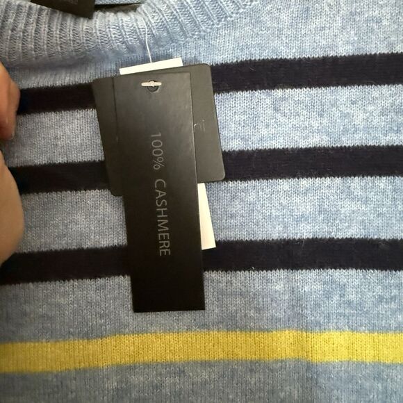 Magaschoni 100% Cashmere Sweater Medium Blue Striped Womens Crew Neck Preppy New - Picture 8 of 9